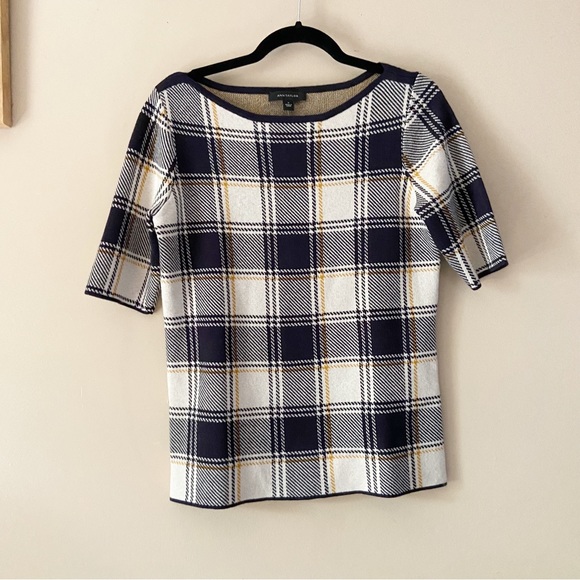 Ann Taylor• black yellow/orange fall plaid wool blend short sleeve top - Picture 1 of 13